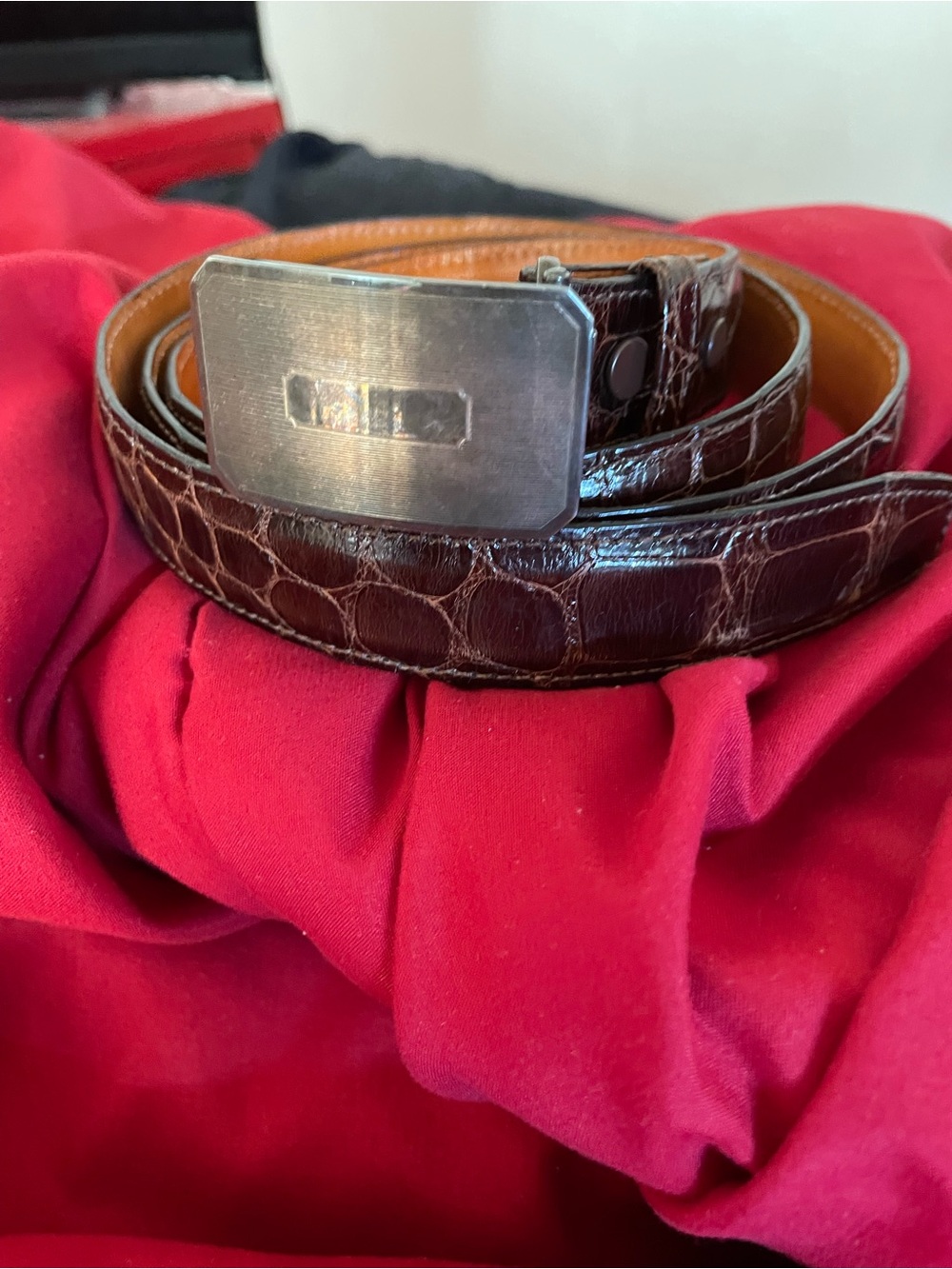 Coach Croc-Embossed Brown Leather Belt with Brushed Silver Buckle